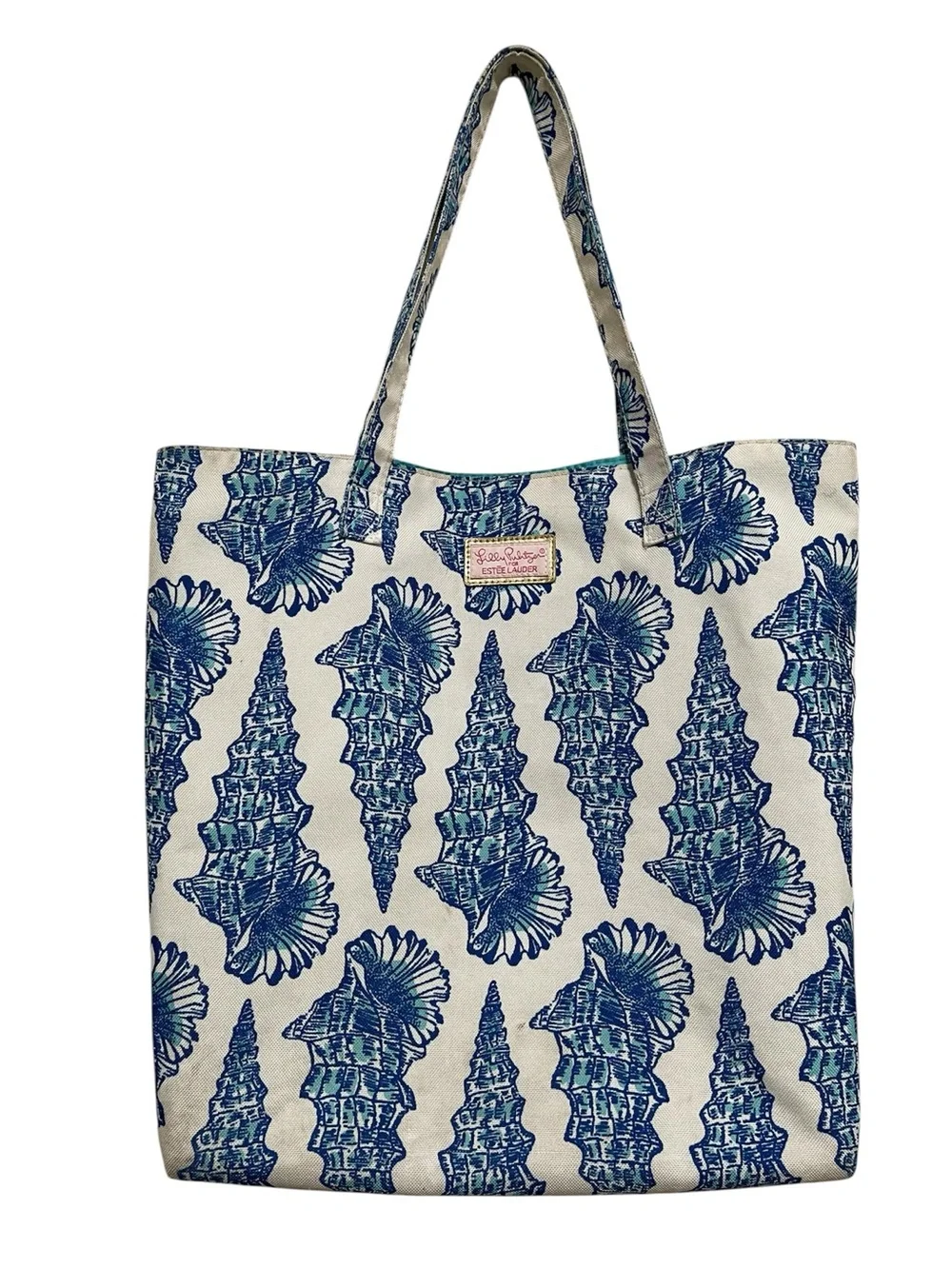 Lilly Pulitzer for Estee Lauder Tote Bag White Turquoise Blue Shell Print Lined